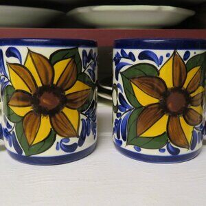 Pair Pottery Mugs SUNFLOWER on Blue (DK693)